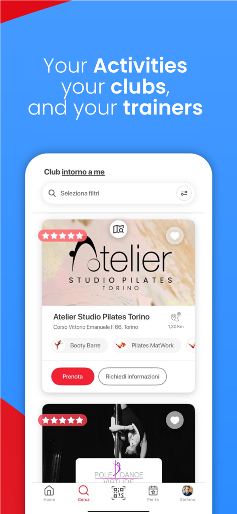 Aplicação móvel Sportclubby mostrando uma interface de pesquisa para clubes de fitness e opções de reserva para um estúdio de pilates.