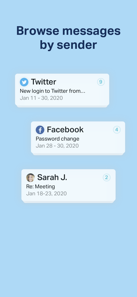 Interface showing emails grouped by sender including Twitter and Facebook notifications in the Chuck app.