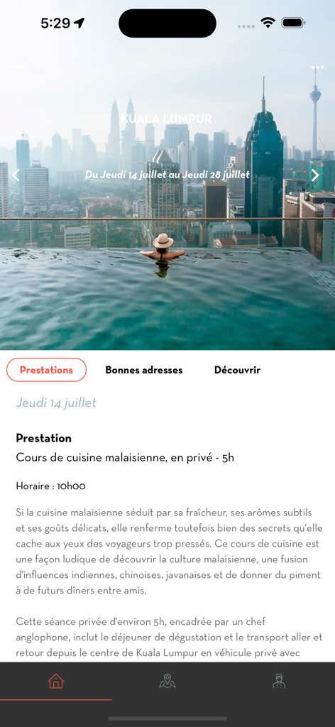 Voyageurs du Monde - Luxury travel itinerary in Kuala Lumpur showing a private cooking class and infinity pool view on the Voyageurs du Monde mobile app.
