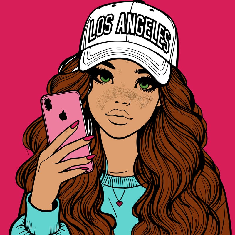 realistic beautiful girl wearing los ángeles cap holding an iphone