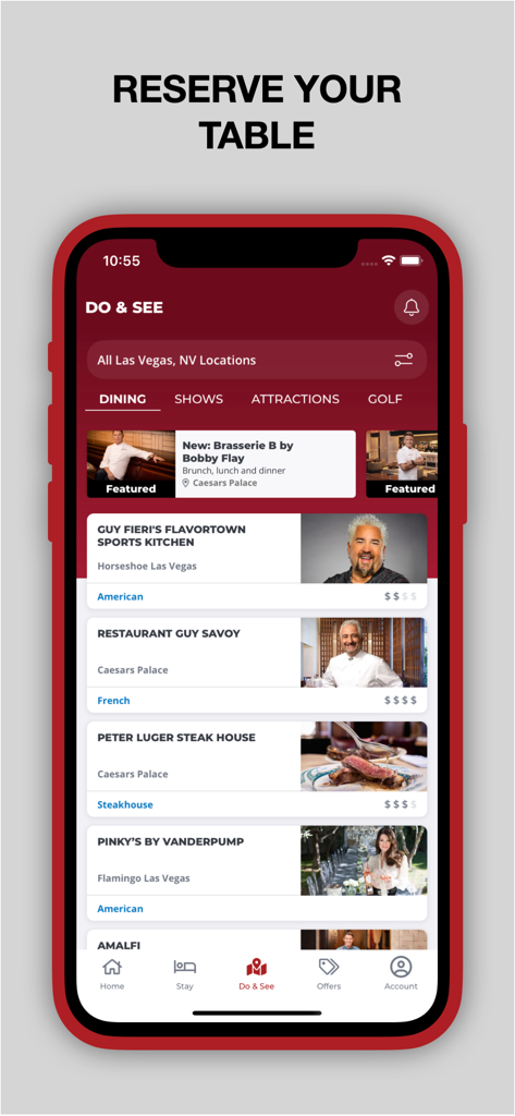 Caesars Rewards Resort Offers - Une page d'application mobile intitulée « Réservez votre table » présentant les options de restauration à Las Vegas, notamment les restaurants Guy Fieri et Guy Savoy.