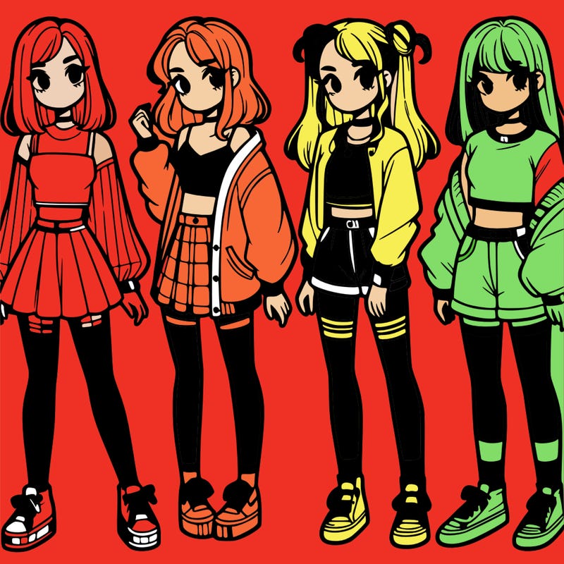 one girl with crop-top shirt and a jacket with a skirt, long socks and another girl with a shirt and pants with a jacket