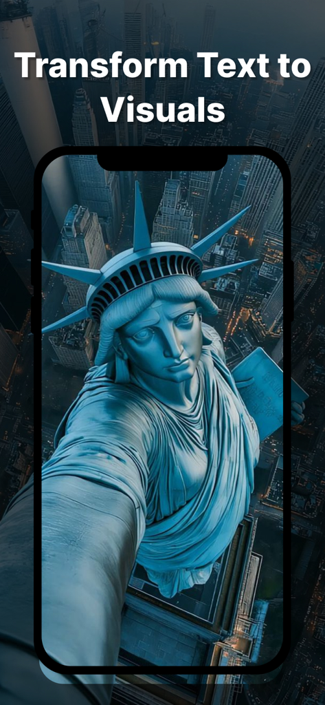 AI Art Photo Image Generator - An AI-generated visual of the Statue of Liberty taking a selfie over New York City with the headline Transform Text to Visuals.