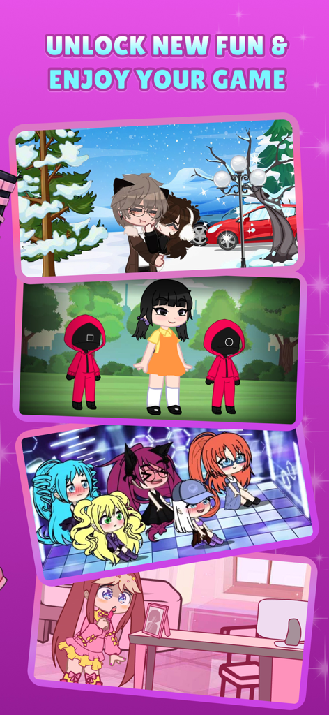 A collection of different character designs and outfits in various game scenes within the GachaHub app