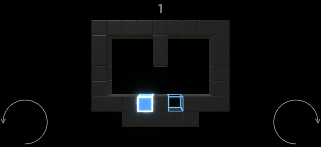 GraviT - Um nível minimalista do jogo de quebra-cabeça GraviT com um bloco azul brilhante dentro de uma moldura quadrada escura em um fundo preto.