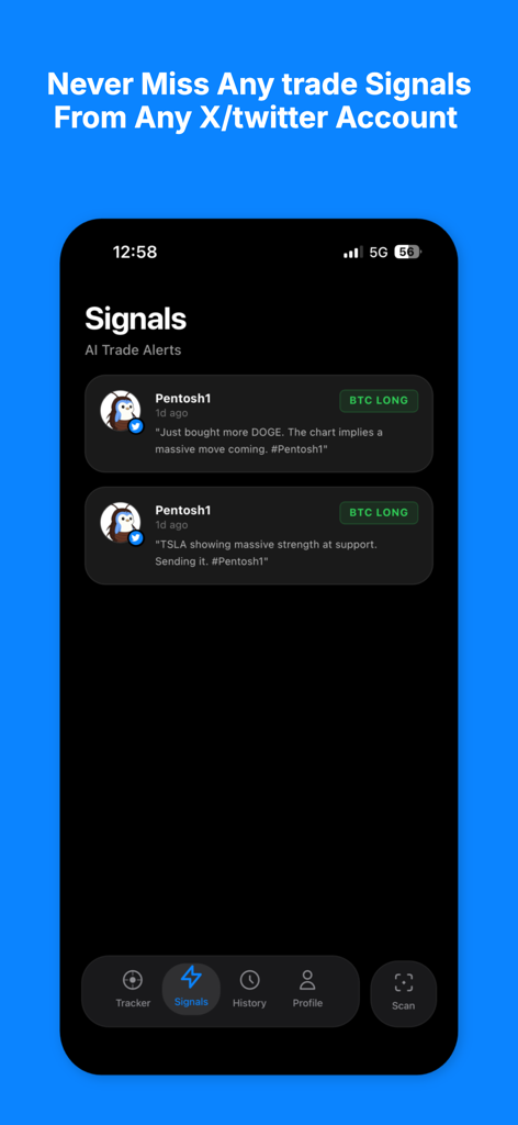 Traders AI- Charts & X Tracker - Traders AIアプリ画面、TwitterからのトレードシグナルとAIアラートを表示