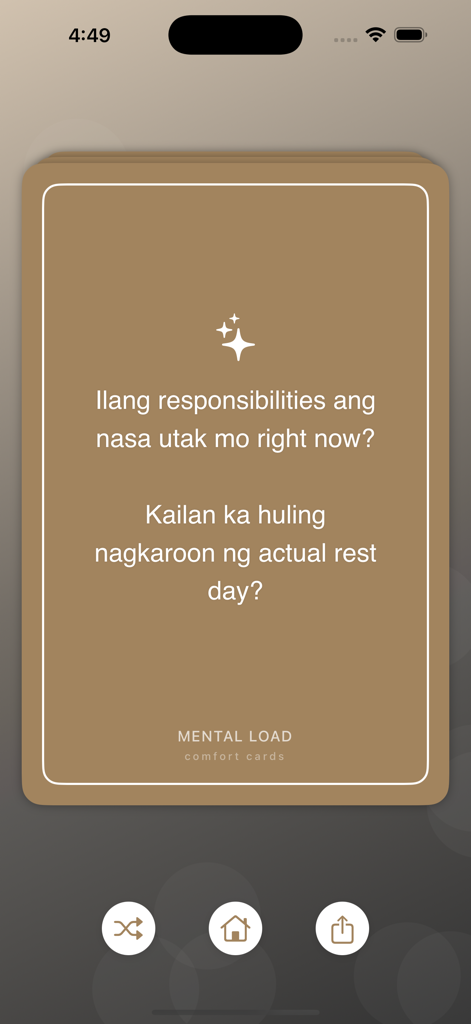 Comfort Cards - Digital card in the Comfort Cards app displaying a mental load reflection prompt in Taglish.