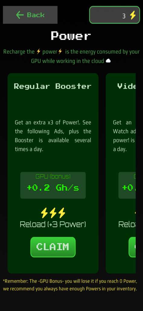 Bitcoin Miner Cloud Blockchainアプリのパワーブースター画面。GPUボーナスとエネルギーリロードオプションが表示されています