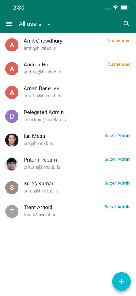 A mobile interface of the Google Admin app displaying a list of organization users with their respective roles and account statuses such as Super Admin and Suspended.