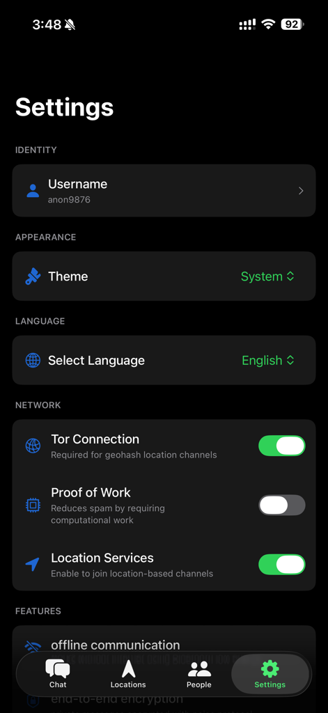 Gap Mesh - Gap Mesh app settings page showing identity network privacy and location configuration options