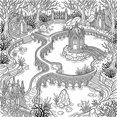 Unleash your inner artist with this captivating coloring page featuring an artificial lake rendered in a stunning gothic style. Explore a world of ornate architecture, mysterious trees, and tranquil waters, perfect for a deeply engaging coloring session.