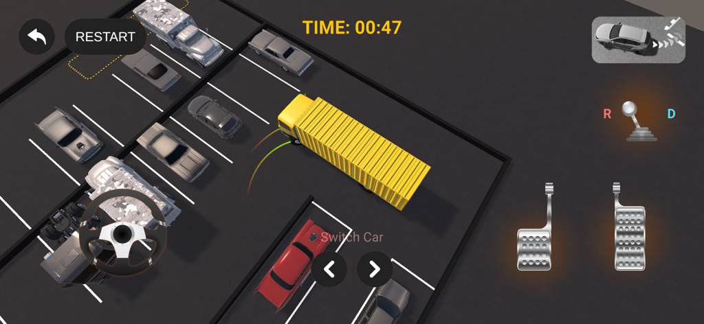 3D Car Parking Driving School - Top-down view of a yellow truck maneuvering in a 3D parking lot with steering and pedal controls.