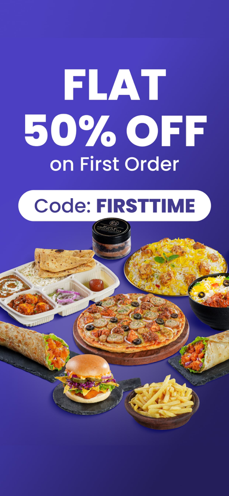 Écran promotionnel de l'application EatSure offrant 50 % de réduction sur la première commande avec le code FIRSTTIME et sur une sélection de plats