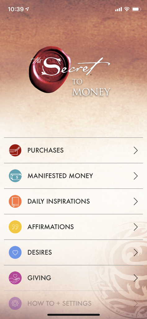 The Secret To Money - Main menu of The Secret To Money app showing abundance mindset features