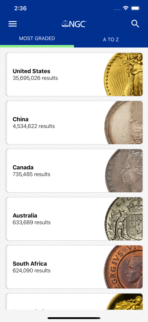 NGC - NGC mobile app showing a list of the most graded coins by country in the NGC Census.