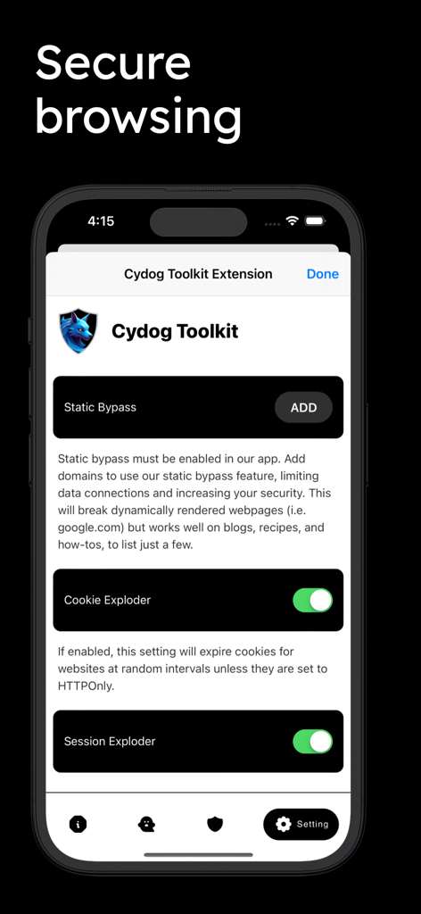 Cydog Toolkit - Einstellungen-Bildschirm der Cydog Toolkit App, der Datenschutzfunktionen für sicheres Surfen wie Cookie Exploder und Session Exploder zeigt.