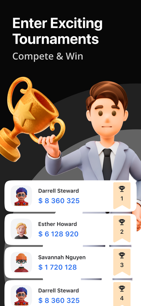 A 3D character holding a gold trophy above a leaderboard of top traders in the Cryptoguru app