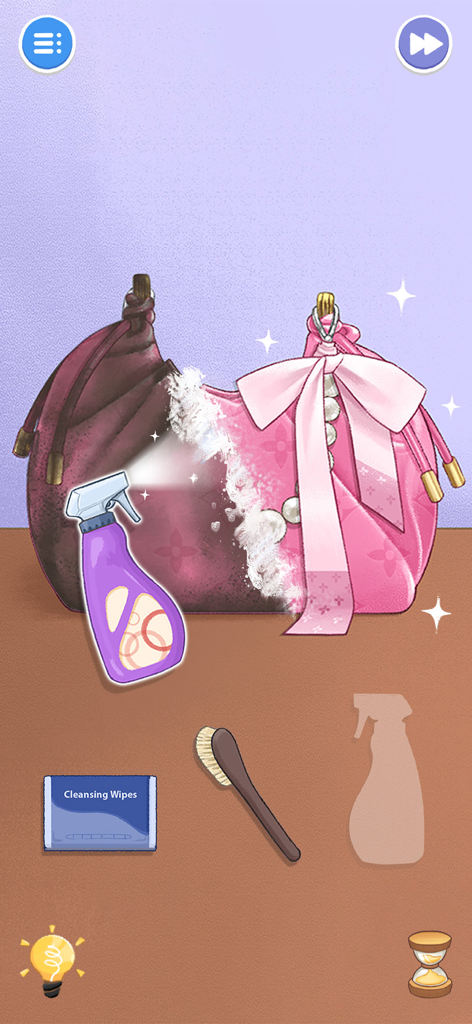 A gameplay screenshot of Housify Cleaning ASMR showing a spray bottle being used to clean a dirty handbag to reveal a bright pink design.