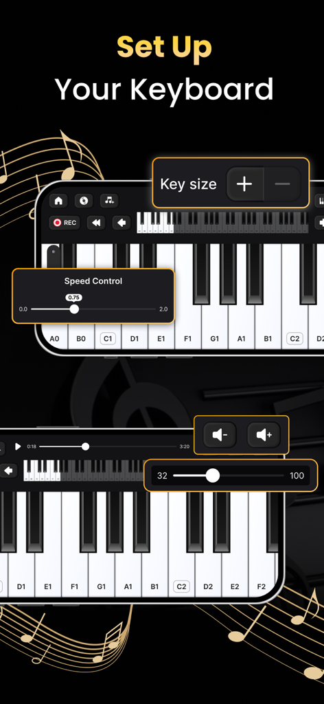 Piano Keyboard: Learn Piano - キーサイズや速度制御などのキーボードカスタマイズ設定を表示するピアノキーボードアプリのインターフェース