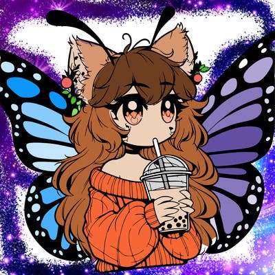 a realistic butterfly/furry girl drinking boba