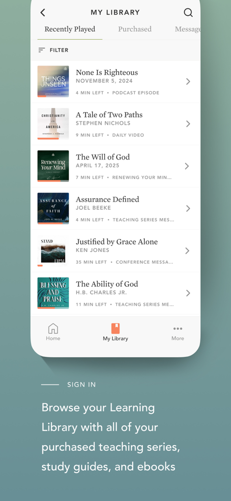 Ligonier Ministries - Ligonier Ministries app My Library screen showing recently played biblical teaching series and podcasts.