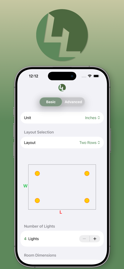 Lumen Layout app interface showing the basic mode for calculating a four-light recessed lighting arrangement