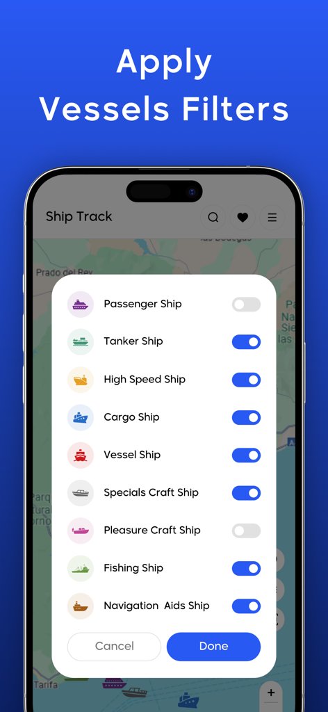 A mobile interface showing filters for different ship types like tankers and cargo ships