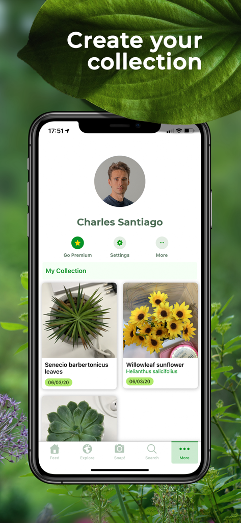 PlantSnap Pro App-Bildschirm, der ein Benutzerprofil und seine persönliche Sammlung identifizierter Pflanzenarten zeigt.