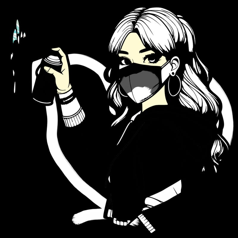 realistic girl with mask spray painting a wall