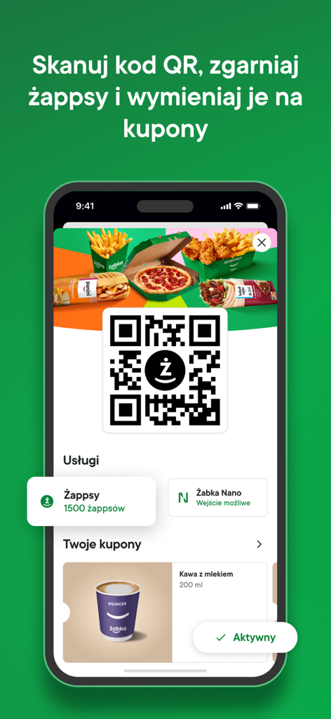 żappka: zakupy, promocje Żabka - żappka 앱이 로열티 QR 코드, 포인트 잔액 및 커피 쿠폰과 함께 표시된 스마트폰 화면