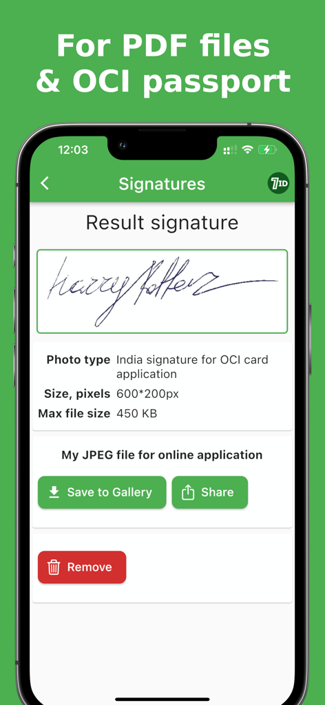 7ID: passport photos - Digital signature interface for Indian OCI card application in 7ID app