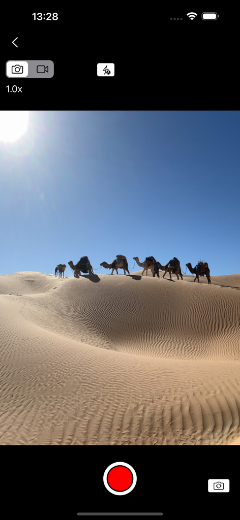 Maps for OSM - Captura de pantalla de la función de cámara en la aplicación Mapas para OSM capturando una fila de camellos en el desierto.