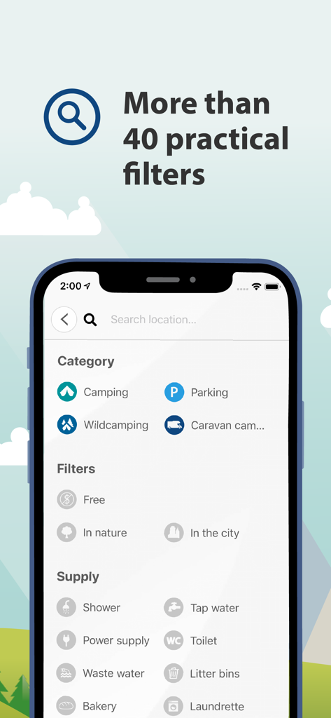 Caravanya - Caravanya app interface showing various camping search filters including wild camping and site amenities