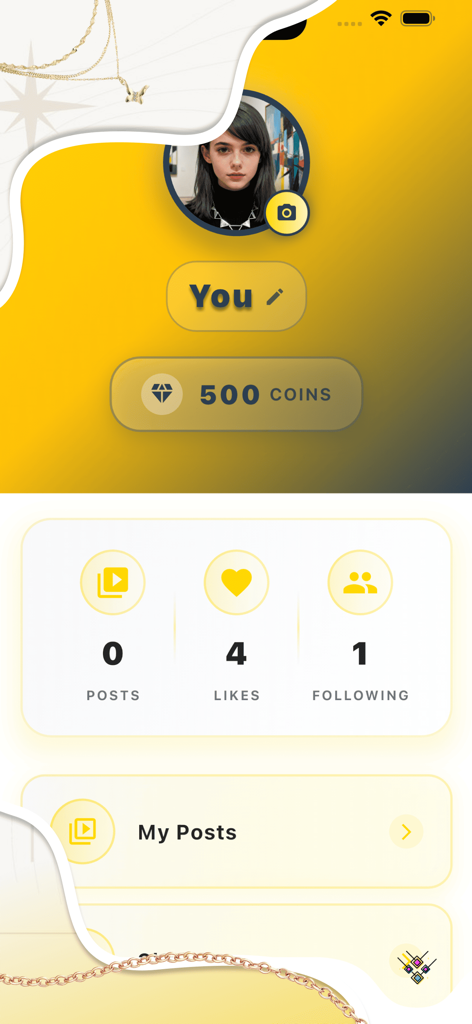 NeKo - Flow & Video - Pantalla de perfil de usuario de la aplicación de collares NeKo que muestra estadísticas sociales y saldo de monedas