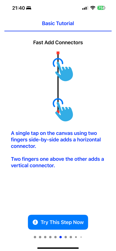 Ein einfacher Tutorial-Bildschirm, der erklärt, wie man vertikale Verbinder mit Zwei-Finger-Gesten hinzufügt.