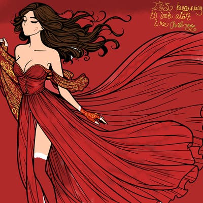 realistic woman in dress flowing the the wind