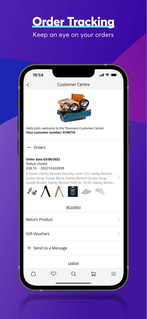 Thomann Official - Thomann app customer center screen showing order history and tracking details