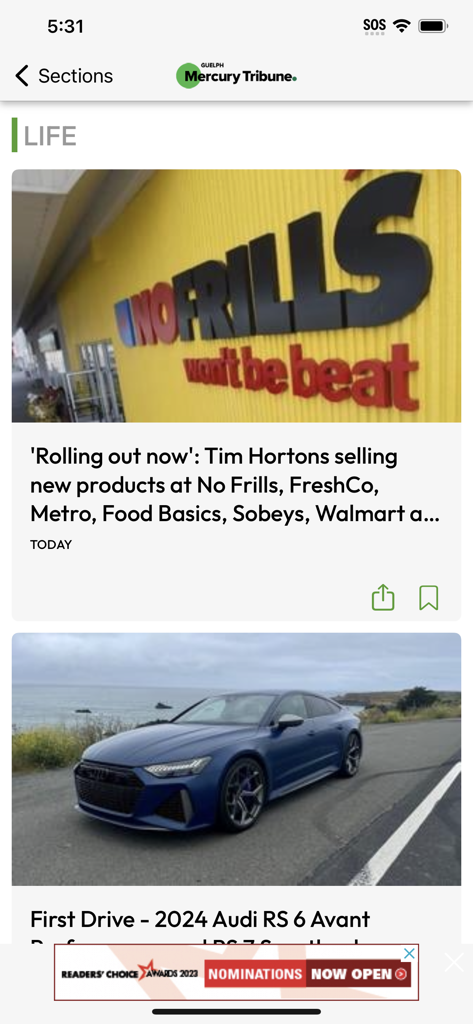 Screenshot of the Guelph Mercury Tribune app life section featuring articles on retail news and car reviews