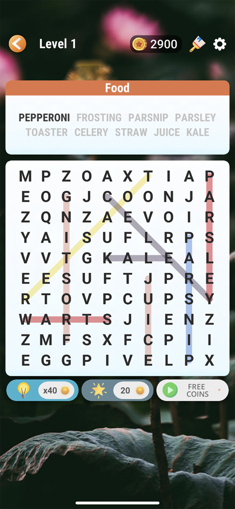 Word Search - Find Hidden Word - Una colorida cuadrícula de puzle de sopa de letras con temática de comida mostrando palabras resaltadas como col rizada y pepperoni.