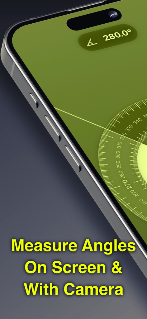 Protractor - Angle Measure - A smartphone screen displaying the Protractor app interface with a circular measurement scale and a 280 degree angle reading