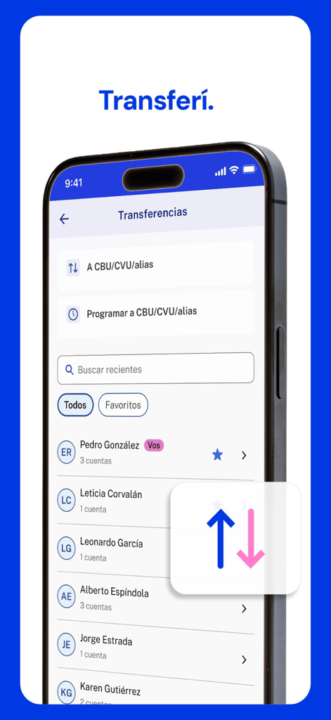 Una pantalla de smartphone que muestra la interfaz de transferencia de dinero de la Nueva App Macro con una lista de contactos para transferencias bancarias