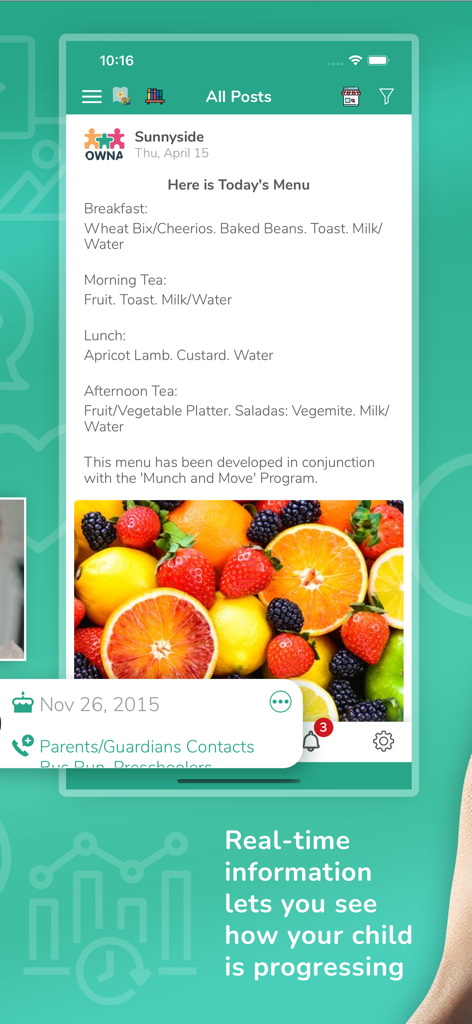 OWNA Childcare App - Ein Screenshot der OWNA Kinderbetreuungs-App, der einen täglichen Essensplan für Kinder im Sunnyside-Zentrum anzeigt.