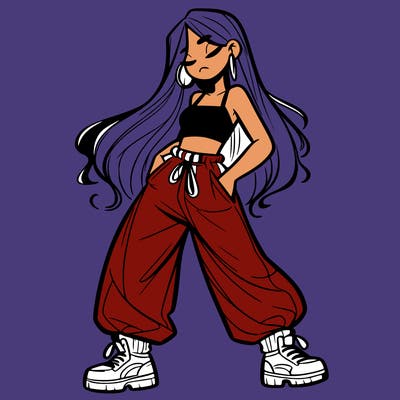 girl in baggy pants crop top and long hair