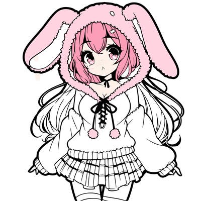 pretty anime girl wearing a fluffy hoodie with bunny ears on the hood and a skirt