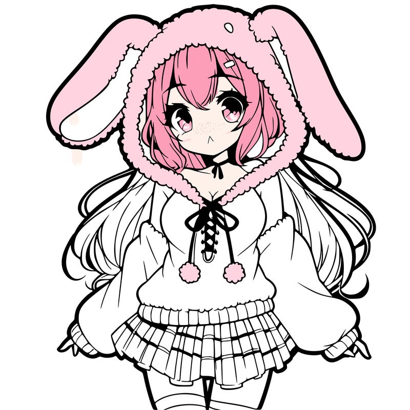 pretty anime girl wearing a fluffy hoodie with bunny ears on the hood and a skirt