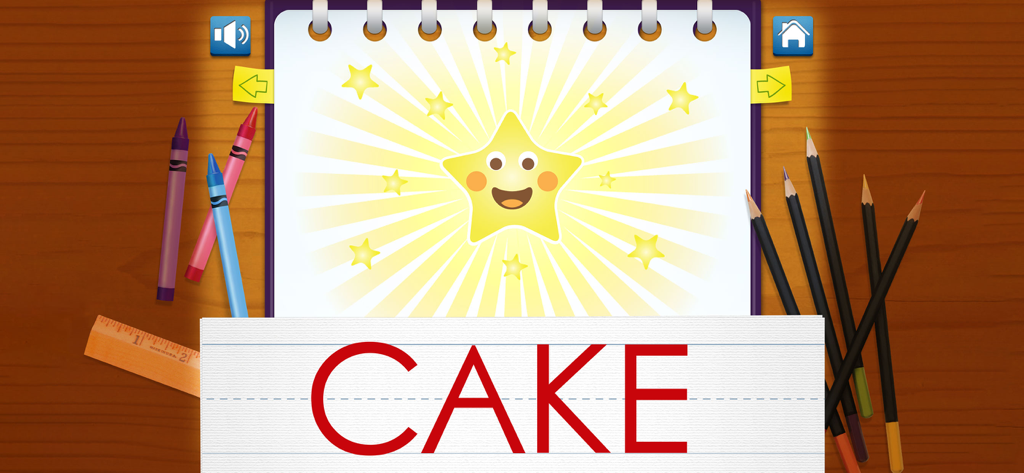 Spell, Write and Read - Reward screen in the Spell, Write and Read app featuring a smiling star and the word CAKE correctly spelled.