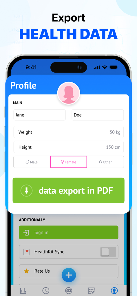 HealthRate app profile interface showing the option to export health data as a PDF file