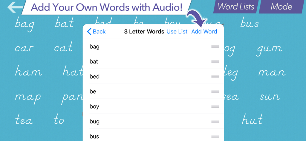 A screen from Writing Wizard School Ed showing a menu to add and manage custom word lists for handwriting practice.