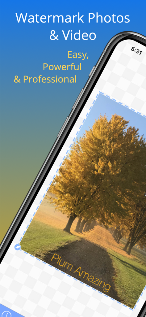A smartphone screen showing the iWatermark plus app interface applying a custom text watermark to a landscape photo of autumn trees.