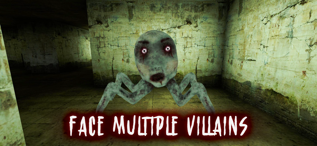 A creepy spider monster with a pale face in a dark basement hallway from the Evil Doll game